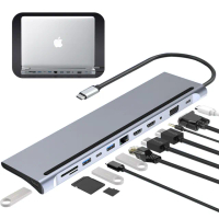 【YOLU】12合1 Type-C多功能HUB轉接器 USB3.0 HDMI集線器 PD快充VGA轉接頭 mac充電傳輸底座 筆電增高支架
