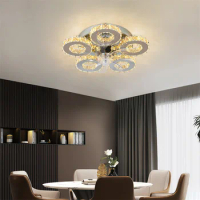 Crystal 5-Ring Fan Light Living Room Ceiling Light Stainless Steel Fixture Fandelier Plafon Fan Lamps Luminaire Led Chandelier