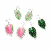 Trendy Green Pink Botanical Caladium Leaves UV Printing Acrylic Dangle Charm Earrings For Women Cute Plant Leaf Fashion Jewelry
