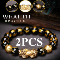 2PCS Feng Shui Black Obsidian Wealth Bracelets for Women Men Obsidian Stone Beads Pixiu Character Bracelet Lucky Jewelry