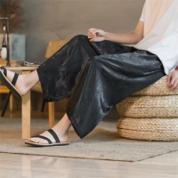 Japanese Samurai Men Pants Dragon Print Satin Summer Wide Leg Trousers Solid Color Harajuku Streetwear Black White Plus Size