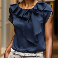 ZANZEA Women Short Sleeve Blouse Elegant Round Neck Tunics Office Lady Bowknot Stitching Shirt Casual Loose Solid Twisted Tops