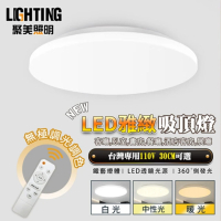 【聚美照明】36W吸頂燈 LED吸頂燈 三色遙控無極調光 BSMI認證：R3E558（白色圓形30cm）