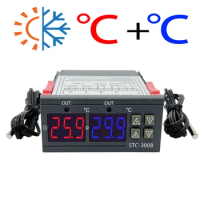 Dual Digital STC-3008 Temperature Controller Two Relay Output Thermostat Heater with Probe 12V 24V 220V Home Fridge Cool Heat