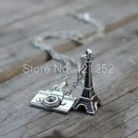 12pcs/lot Paris Inspired Charm Necklace Eiffel Tower Camera Travel Christmas Gift Ideas
