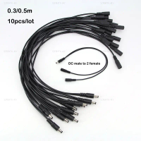 10pcs 30cm 50cm 1 to 2 way DC Power adapter splitter Cable 5.5mmx2.1mm 1 male to 2 female extension 