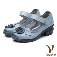【Vecchio】真皮涼鞋 粗跟涼鞋/真皮手工立體花朵造型魔鬼粘粗跟涼鞋(藍)