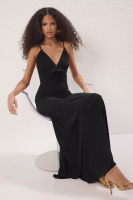 Trendyol Black Rose Detailed Knitted Maxi Elegant Evening Night Graduation Dress
