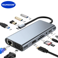 Trumsoon USB C Hub RJ45 Ethernet 4K HDMI-Compatible VGA Type C PD USB 3.0 2.0 SD TF Dock for MacBook iPad Samsung S20 Dex TV