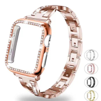 Diamond Band + case For Apple Watch series9 8 7 SE 6 5 4 3 2 1 stainless steel strap for iWatch 40/44/38/42/41/45/40/44/49mm