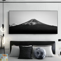 現代簡約黑白工業風富士山日式巨幅掛畫臥室床頭畫客廳橫幅裝飾畫