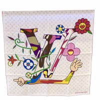 LV Louis Vuitton x MURAKAMI M96097 村上隆聯名款花卉LV LOGO白彩絲巾(90*90CM)