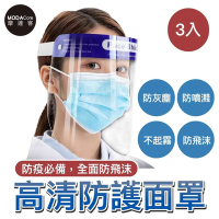 摩達客 藍帶頭戴式透明防疫面罩三入優惠組(成人隔離防護面罩/全臉)