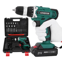 JUNEFOR Cordless Drill Electric Screwdriver Set 21V Lithium Battery 32N.m Variable Speed Impact Drill Hammer Power Tool Kit