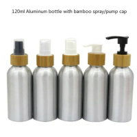 Cosmetic package 1oz/1.6oz/3.3oz/4oz/5oz/8oz silver aluminum bottle with bamboo disc top cap/bamboo spray cap/bamboo lotion cap