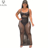 VAZN 2021 Top Quality Special Classic Black See Through Lace Sexy Club Open Young Tank Sleeve Women Skinny Maxi Dress