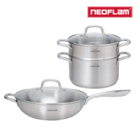 【NEOFLAM】不銹鋼31632cm炒鍋+湯鍋24cm+蒸籠鍋具組(含玻璃蓋)