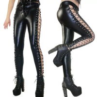 Shiny Metallic Sexy Punk Lace-Up Leggings Faux Leather Hollow Out Erotic Pants Fetish Women Nightclub Long Pants Club Disco 7XL