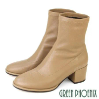 【GREEN PHOENIX】女 短靴 素面 小羊皮 真皮 萊卡 短筒 粗跟 高跟