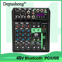 Mixer Audio Depusheng F4+ Professional 8 Channel Portable Sound Mixing Console 48V Phantom 16DSP Bluetooth USB PC Play Record