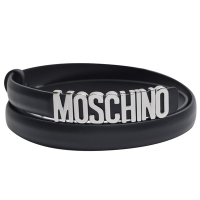 MOSCHINO 義大利製銀色字母LOGO高質感細版皮帶(黑/42碼)