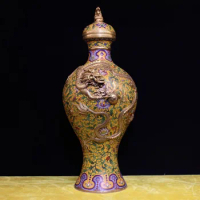 22 " Chinese Pure Bronze cloisonne 24K Gold Dragon Play Bead Vase Flower Pot jar