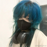 假毛女霧霾藍日系狼尾cos鯔魚頭拖尾長發酷颯水母頭少年感全頭套