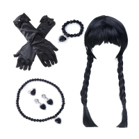 ชุดคอสเพลย์ Wednesday Addams, วิกผม, สร้อยคอ, ต่างหู, สร้อยข้อมือ, ถุงมือ, สำหรับผู้ใหญ่และเด็ก, ชุด