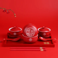 Chinese Wedding Bowl Teaware Set Ceramic Tea Set Kung Fu Tea Porcelain Gaiwan Cup Creative Tea Ceremony