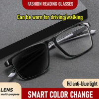 Photochromic Anti-Blue Light Reading Glasses Multifocal Progressive Near Far Square Eyeglasses Eye Protection Blue Ray Blocking