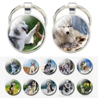 Dog Keychain Siberian Husky Key Ring Glass Cabochon Key Chain Dog Keyring Animal Jewelry Gift for Dog Lovers