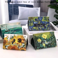 2024 Pu Leather Tissue Box Container Van Gogh Oil Painting Pattern Napkin Tissue Holder Papers Bag Cosmetic Case Pouch Organizer