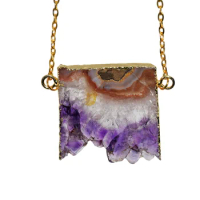 Women neck chain necklace Geode druzy stones amethyst pendant for female Vintage Purple crystal quartz Gold plated rectangle 1pc