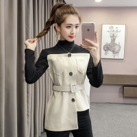 毛呢拼接高領T恤女秋裝新款下擺不規則氣質修身上衣打底襯衫1入