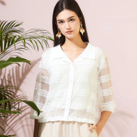 【TOWN’WEAR 棠葳】時髦鏤空蕾絲外套(中大尺碼/女上衣/女上著/小外套/罩衫/翻領/長袖/鑽飾/透膚)