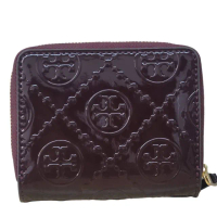 【TORY BURCH】專櫃新款 亮皮立體壓花對折拉鍊錢包短夾 酒紅色(短夾/贈母親節送禮袋母親節送禮)