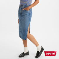 Levis 女款 單側開岔高腰修身排釦牛仔長裙 / 精工中藍染水洗 / 天絲棉