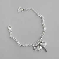925 Sterling Silver Smile Face Tag Pendant Bracelet for Women Handmade Thai Silver Chain Link Bracelets on Hand Jewelry
