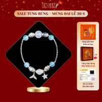 Vòng tay đá tự nhiên phối charm thiết kế An gem, lắc tay nữ đá màu xanh dương mix xám xanh Aquamarin