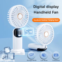 3000mAh Handheld Mini Fan Foldable Portable Neck Hanging Fans 5 Speed USB Rechargeable Fan with Phone Stand and Display Screen