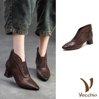 【Vecchio】真皮踝靴 高跟踝靴/全真皮頭層牛皮典雅民族風雕花尖頭高跟踝靴(棕)