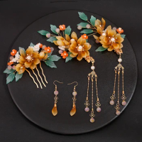 Accient Style Qipao Hanfu Chinese Style Woman Yellow Glaze Flower Hairpin , Hair Accessories Hair Sticks Set