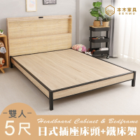 本木家具-羅格 日式插座房間二件組-雙人5尺 床頭+鐵床架
