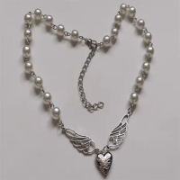 Angel Wing Faux pearl Retro Heart Shaped Photo Locket Necklace