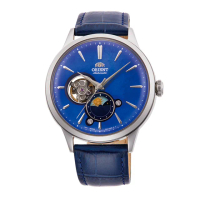 【ORIENT 東方錶】ORIENT 東方錶 SUN&amp;MOON系列 半露空日月相錶 皮帶款 藍色 41.5mm(RA-AS0103A)