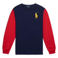 Polo Ralph Lauren 經典刺繡大馬圖案長袖T恤(男青年)-深藍紅併接色