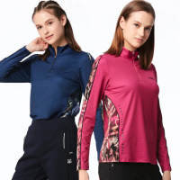 【Lynx Golf】女款合身版吸排保暖機能剪接進口花布造型印花長袖立領POLO衫/高爾夫球衫(二色)