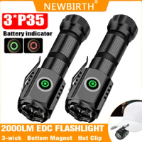 2000LM Super Bright Mini Flashlight Powerful Highlight Flashlight 3*P35 18650 Battery USB-C Rechargeable With Magnet ClipTorch