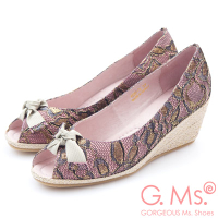 G.Ms. 魚口織帶蝴蝶結蕾絲金線花蔓楔型鞋-浪漫粉