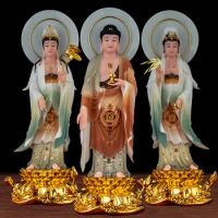 A set 3PCS HOME Shrine protection Buddhism XI FANG SANSHENG jade Guan yin Amitabha Mahasthamaprapta Buddha God statue 53CM Large